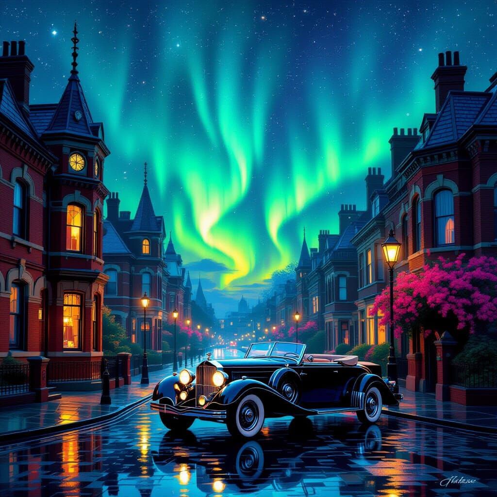Victorian Street Under Aurora Borealis Digital Painting