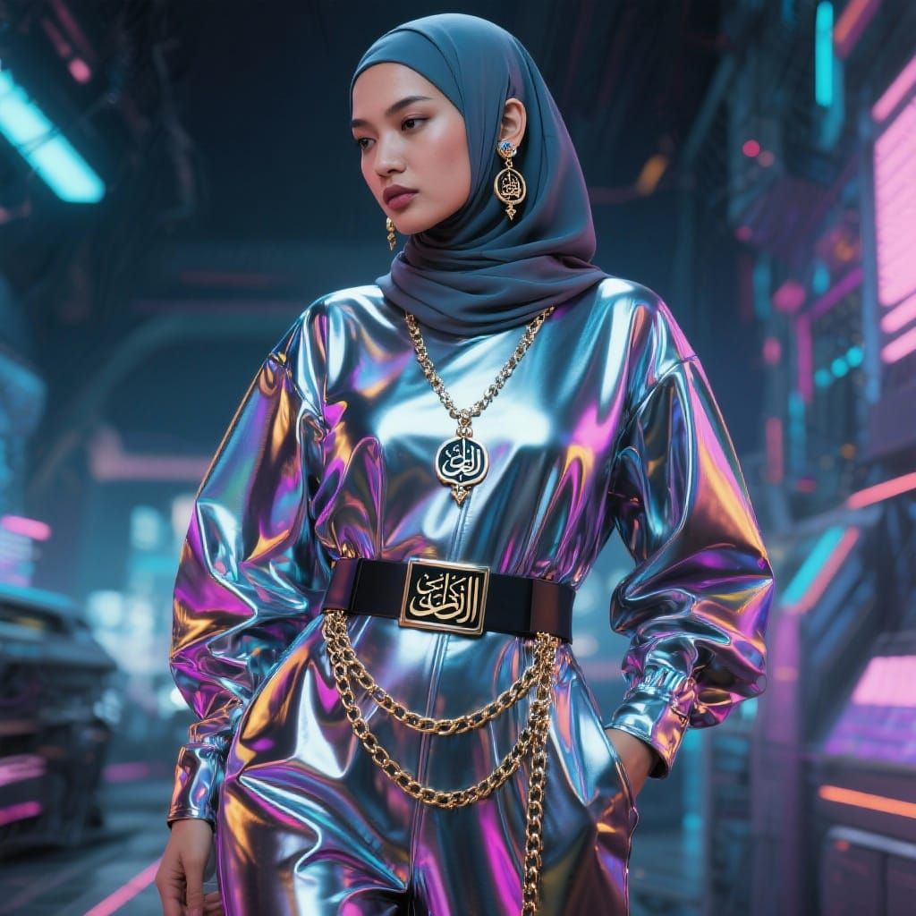 Futuristic Asian Woman in Metallic Jumpsuit