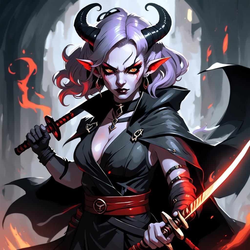 Tiefling Katana Wielder in Dark Fantasy Illustration
