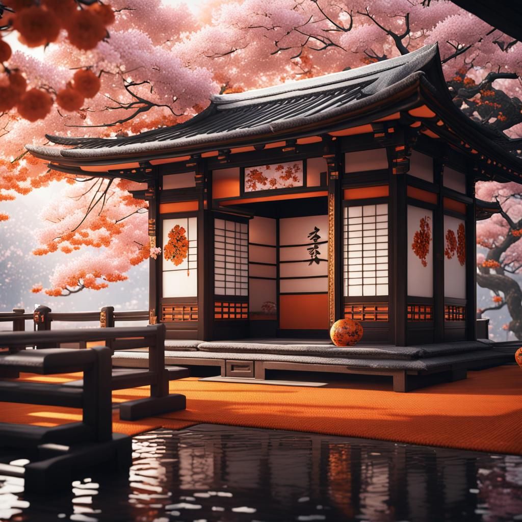 Japanese Tea Room with Cherry Blossoms