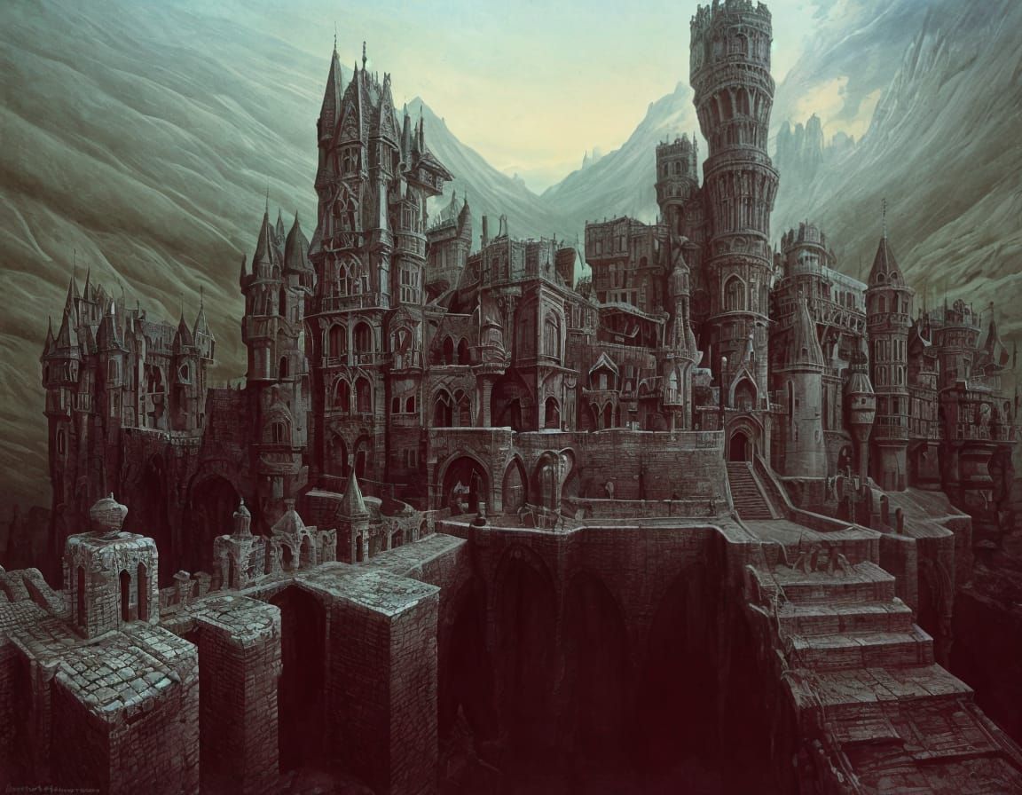 Surreal Castle with Drawbridges in Dreamlike Landscape