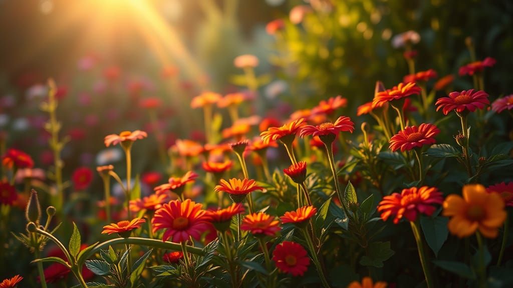 Vibrant Garden at Sunrise in Cinematic Style