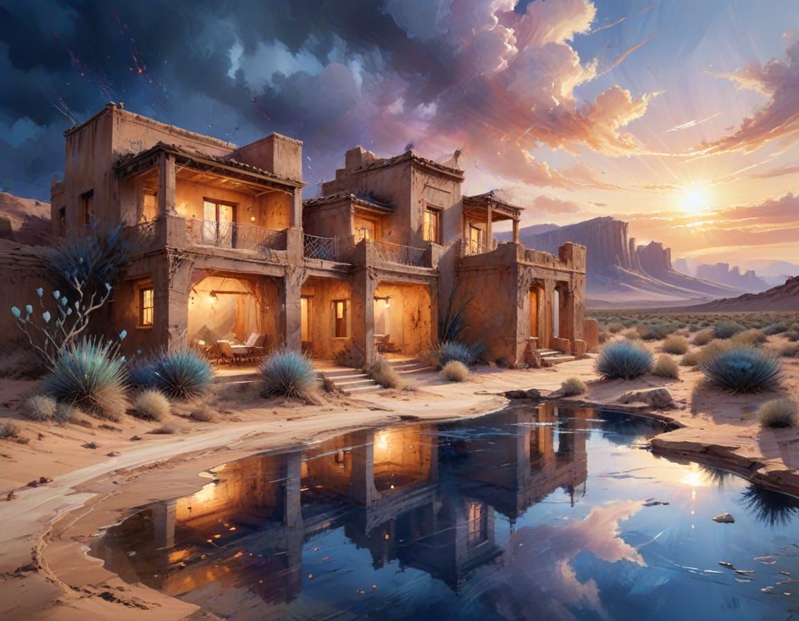 Twilight Oasis: Hyperrealistic Desert Landscape in Watercolo...