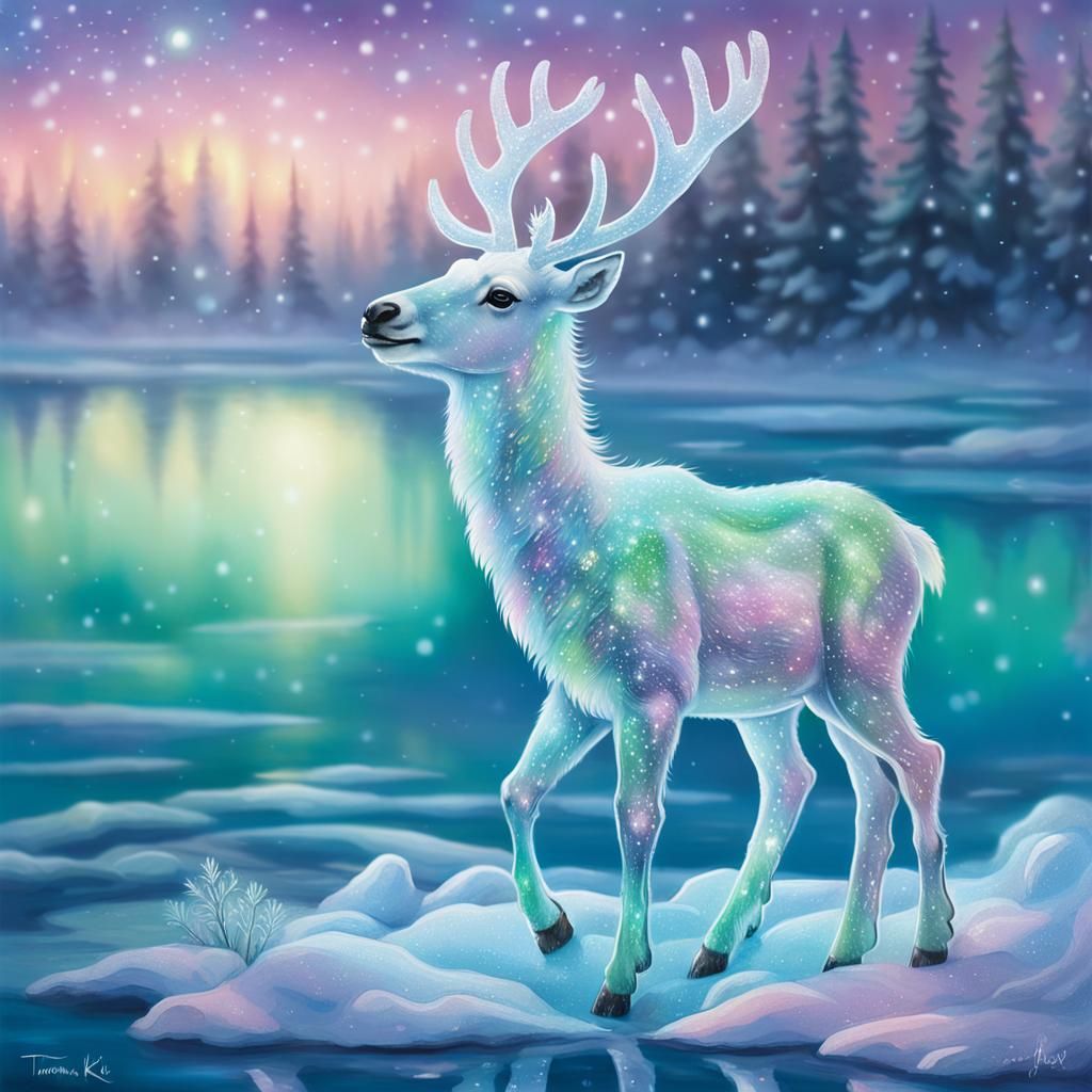 Surreal Baby Reindeer in Enchanted Winter Scene