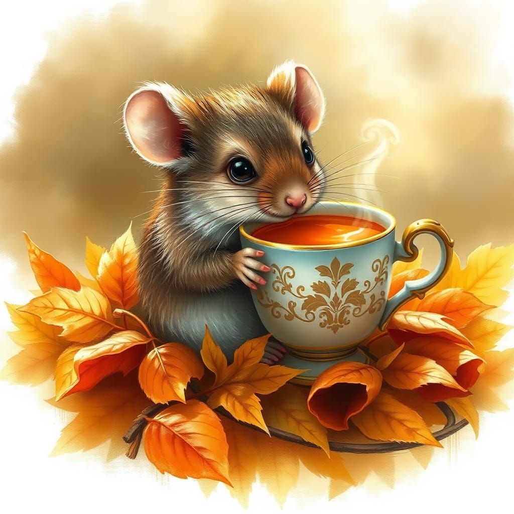 Mouse Sipping Tea in Autumnal Fairytale Scene
