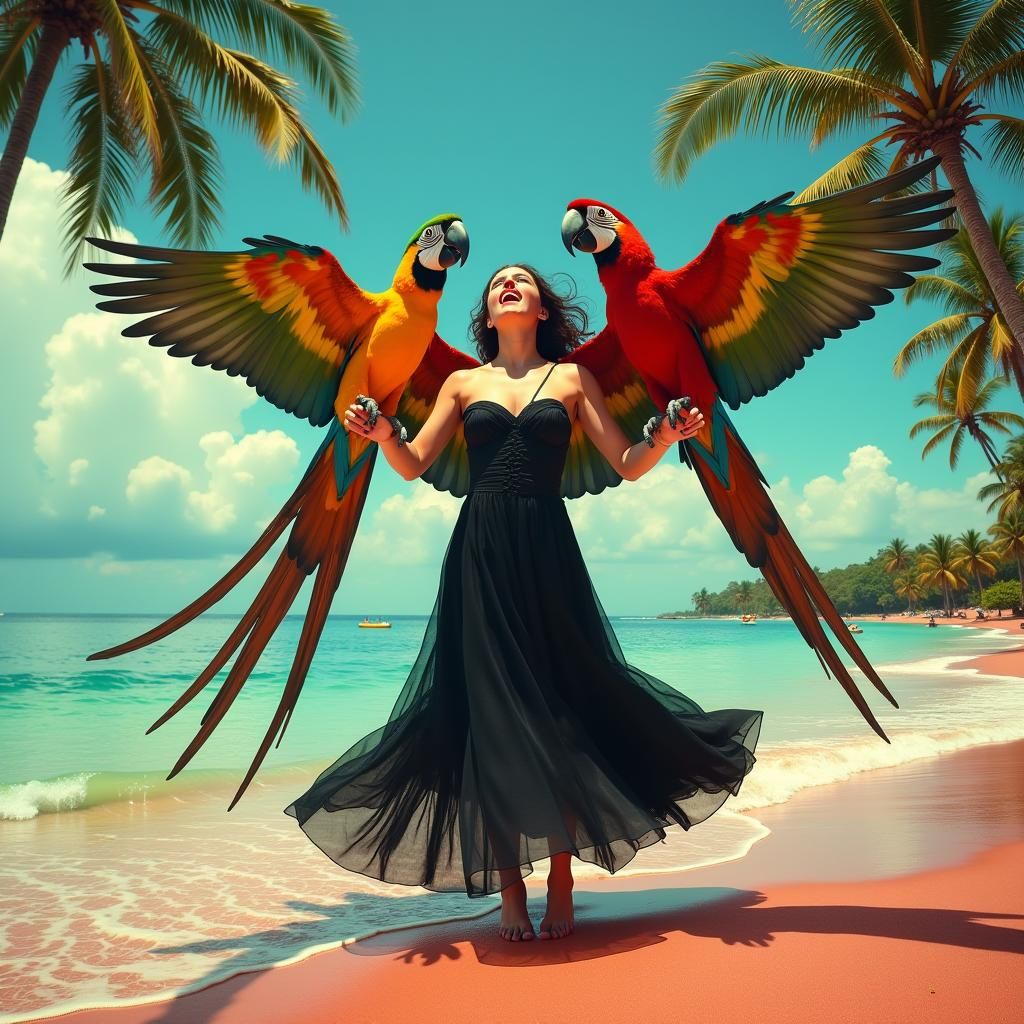 Witch Releases Parrots on Tropical Beach Photo