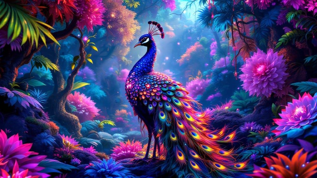 Majestic Peacock in Electric Synthwave Forest
