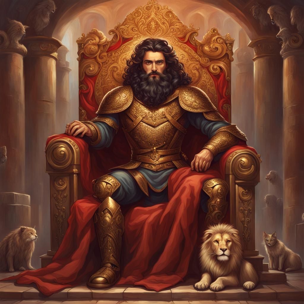 Battle-Hardened God on Gilded Throne with Lion