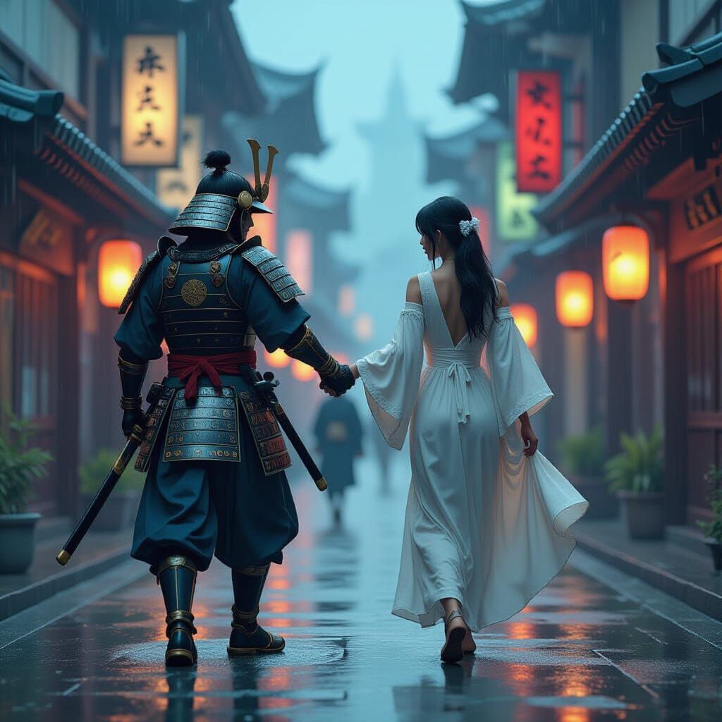 Samurai and Woman in Futuristic Rainy Cityscape