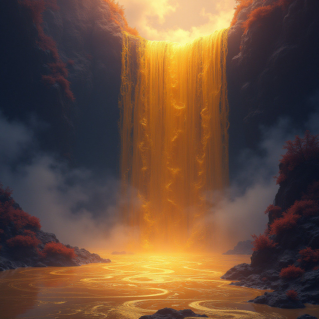 Ethereal Liquid Gold Cascade in Mystical Realm