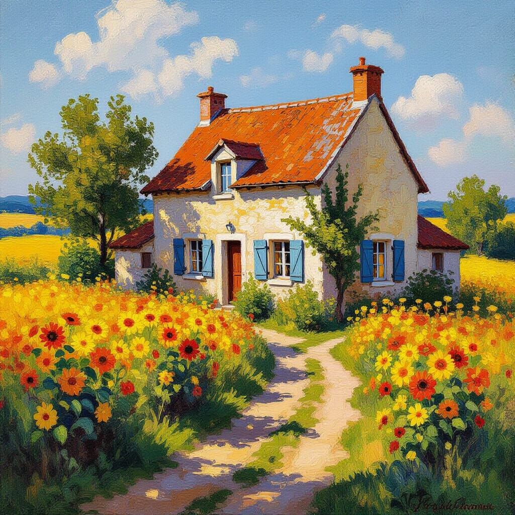 Idyllic Landscape with Sunflowers in Impressionist Style