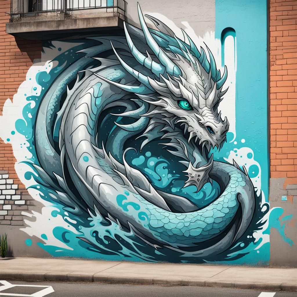 Cyan Water Dragon Soars Over Graffiti City