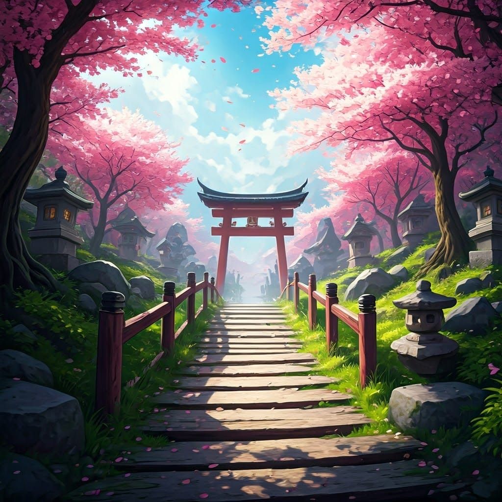 Spring Cherry Blossoms Landscape in Impressionistic Style