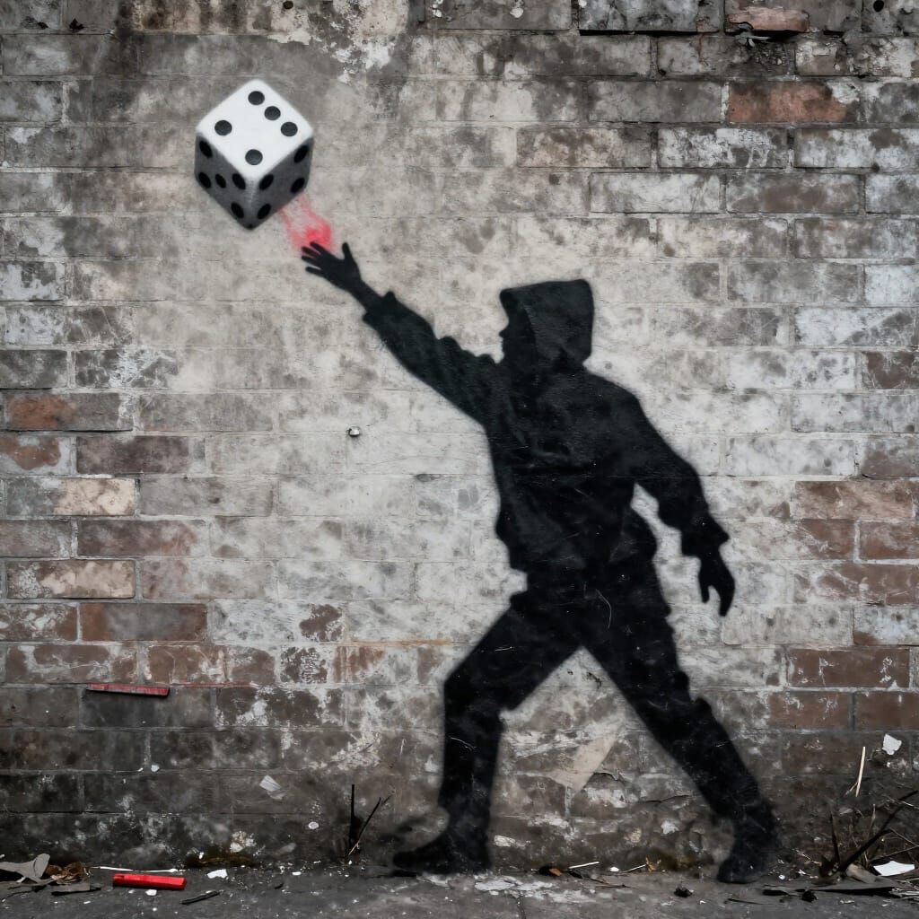 Stencil Art of Hooded Figure Throwing Dice