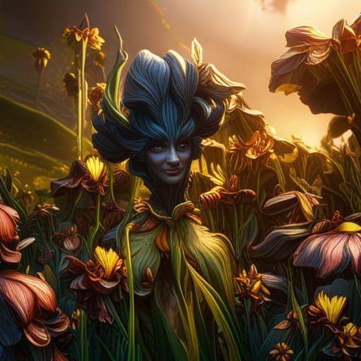 Surreal Iris Flower Wig: Detailed Matte Painting