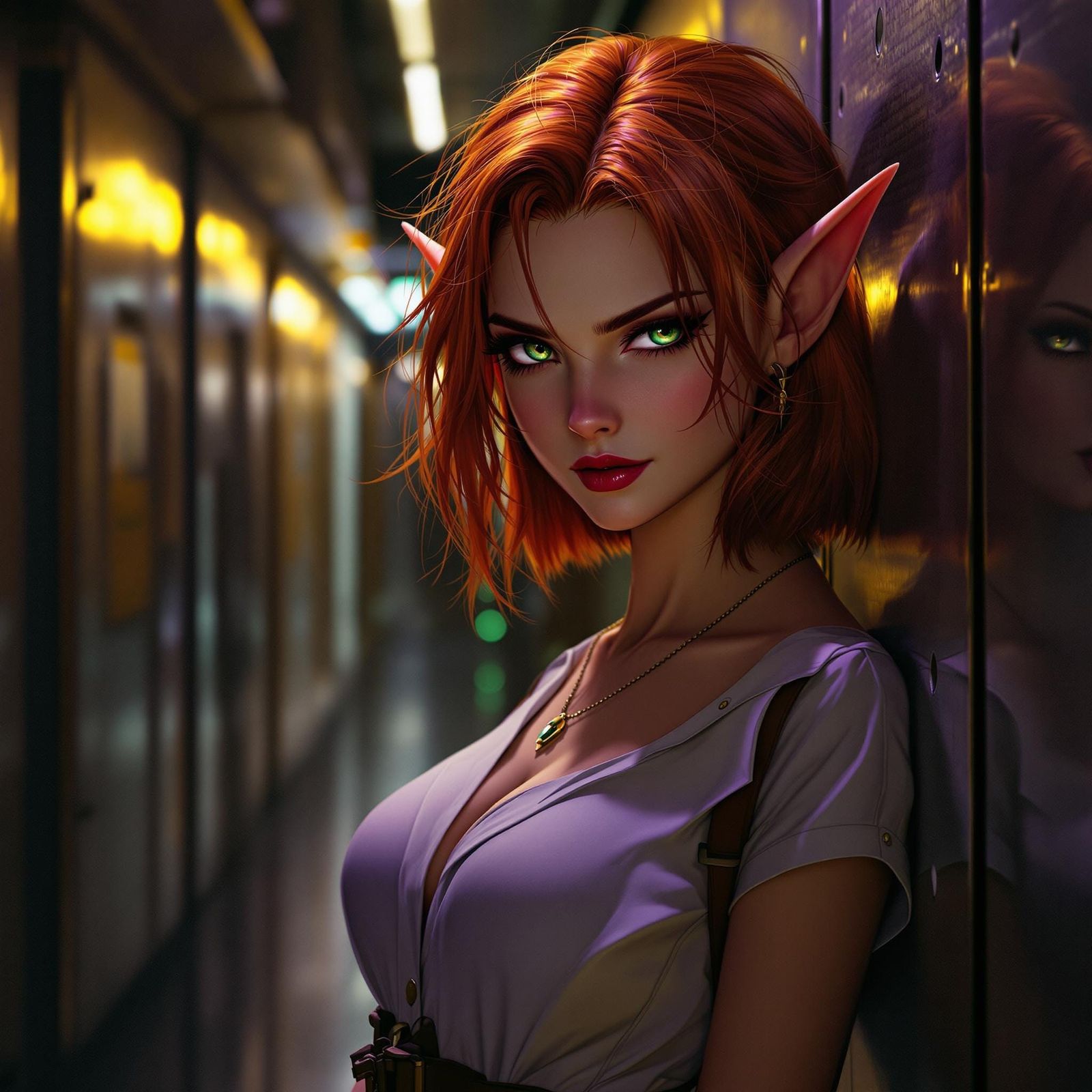 Enchanting Elf Girl Leans Against Dark Metallic Hallway