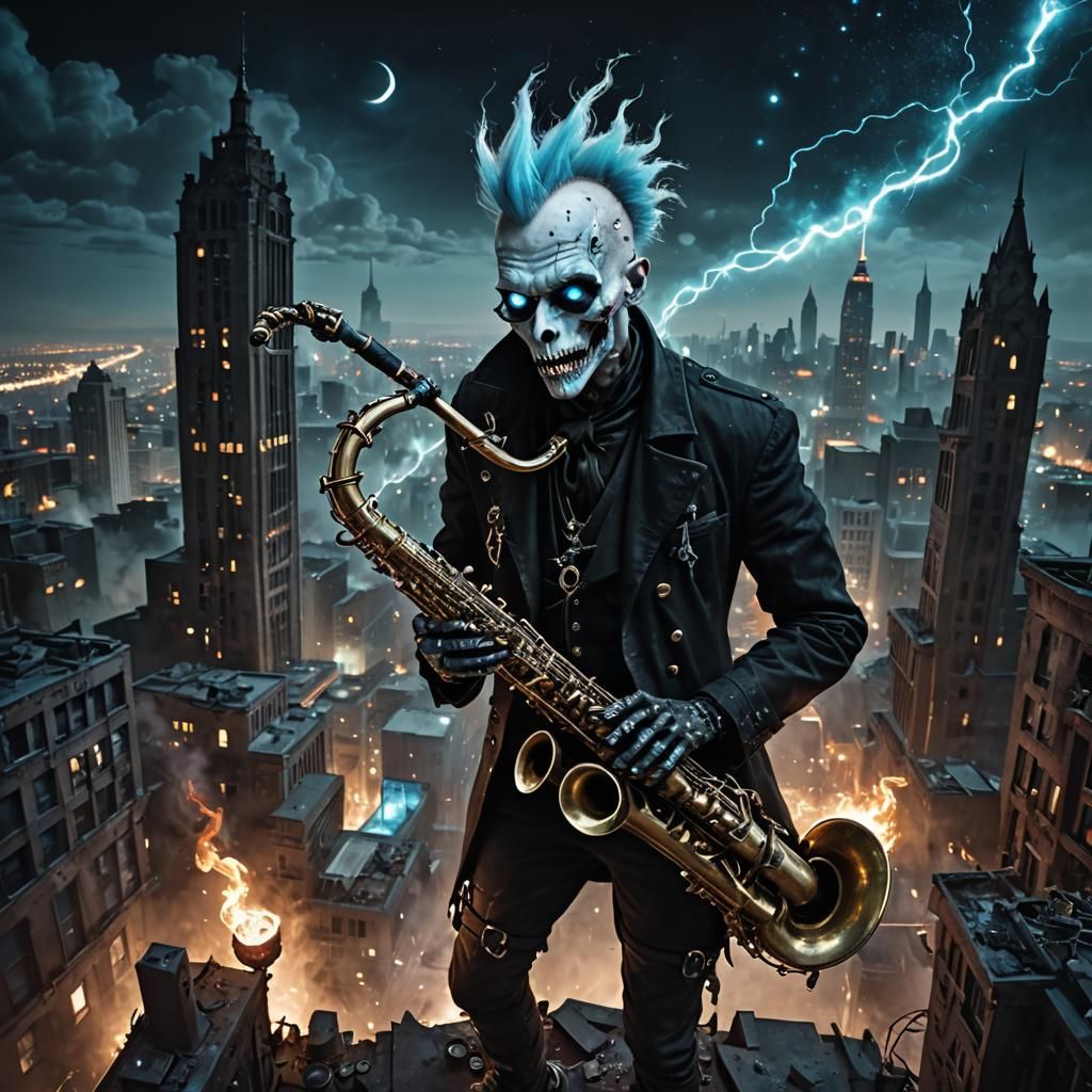 Steampunk Ghost Musician in Dark Fantasy Cityscape
