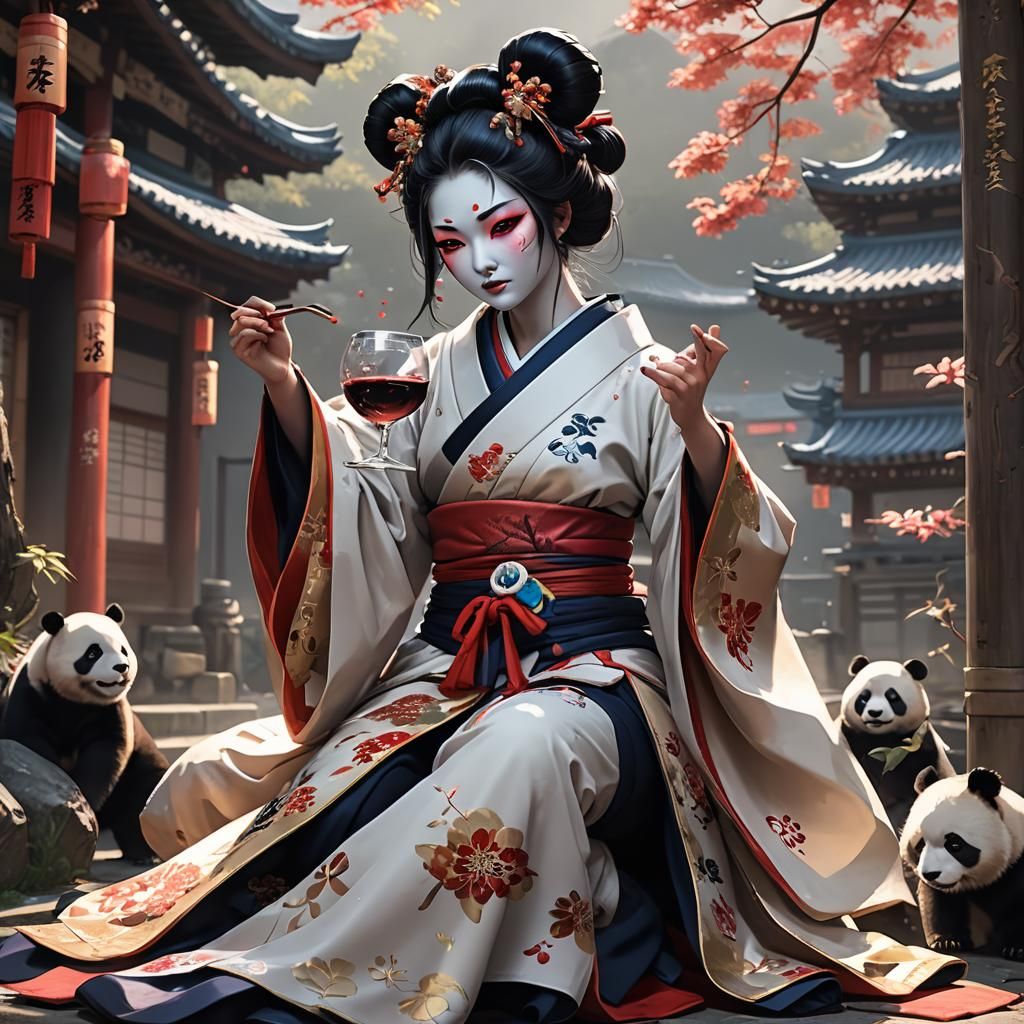 Anime Geisha Rides Panda in Detailed 3D Art