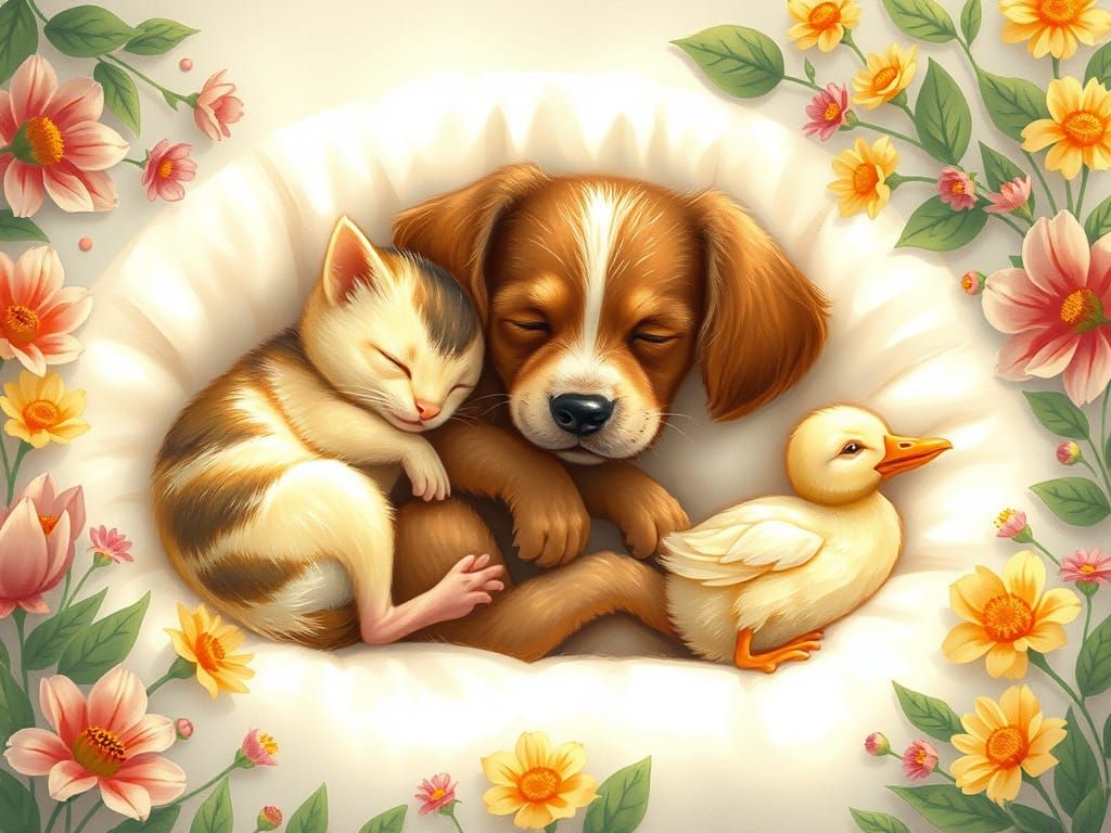 Animals Snuggle Peacefully Among Rainbow Flowers