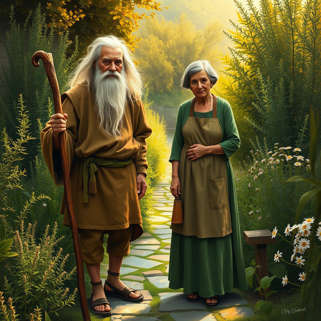 Herb Garden Scene in Pre-Raphaelite Style