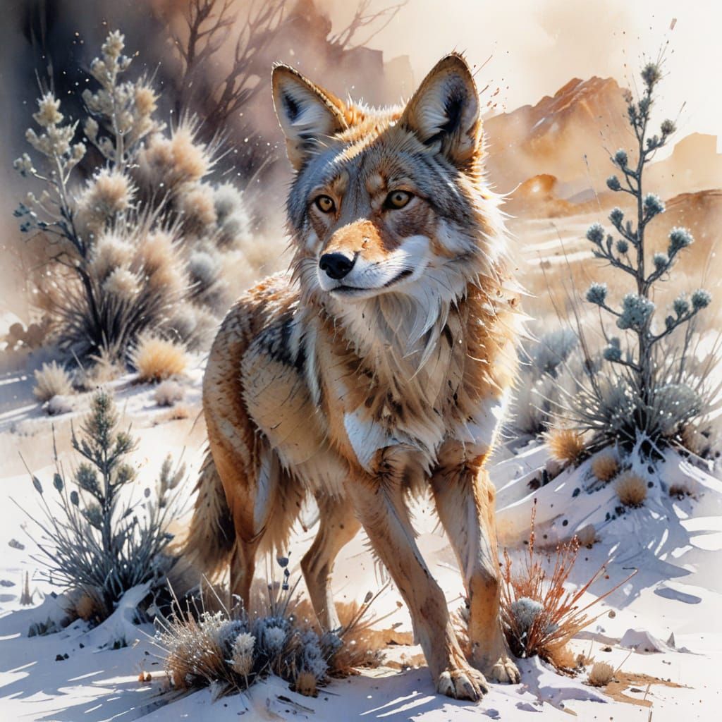 Coyote in Winter Desert: Hyperrealistic Rendering