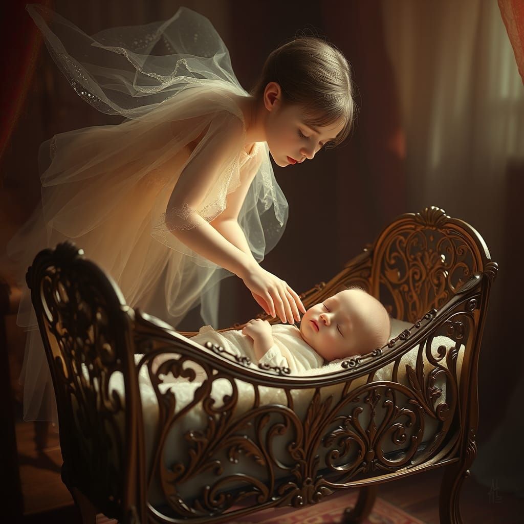 Ethereal Girl守护Baby in Antique Cradle