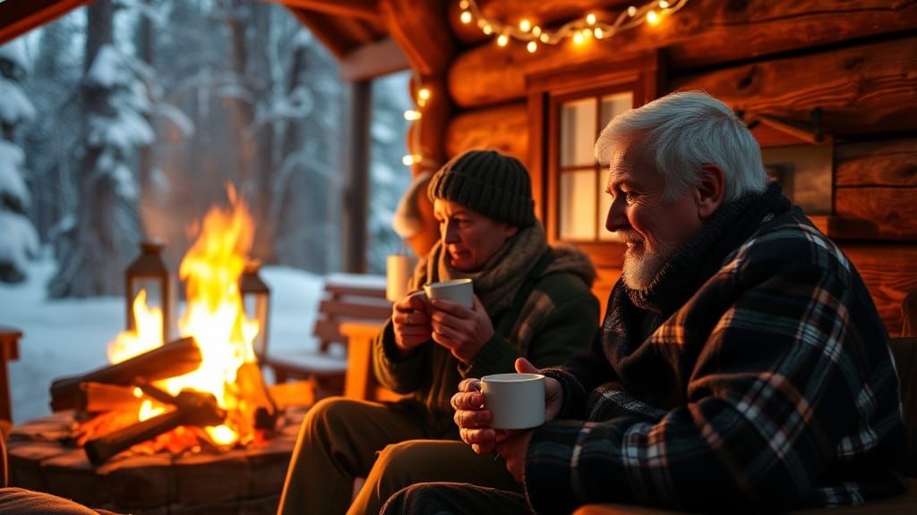 Cozy Winter Cabin: Elderly Couple Drinking Cocoa
