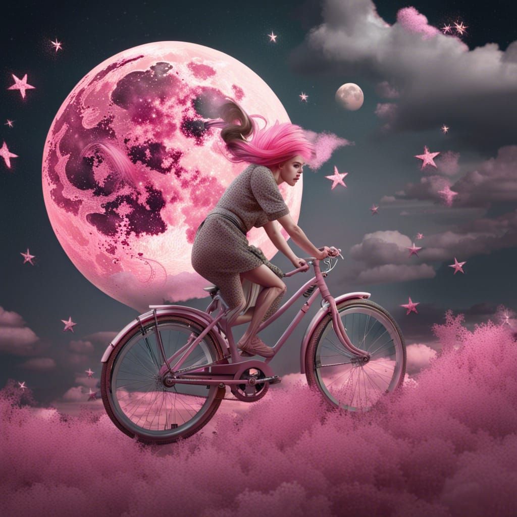Girl on Bicycle Rides Pink Moon Under Stars