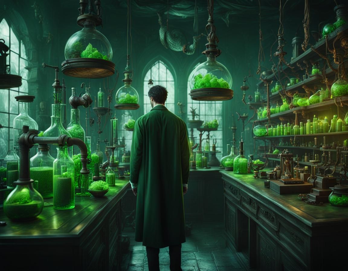 Alchemist in Laboratory with Venomous Green Light