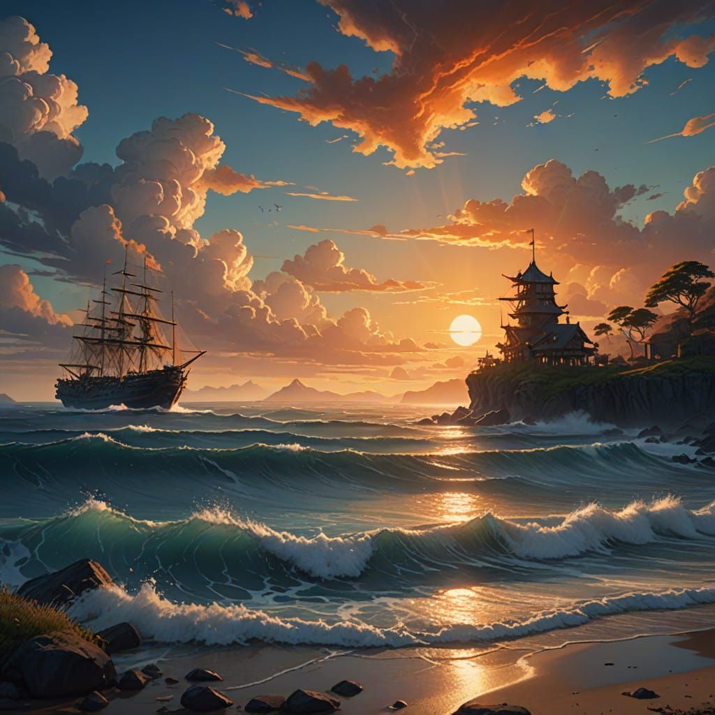 Miyazaki-Inspired Sunset Oasis in HDR