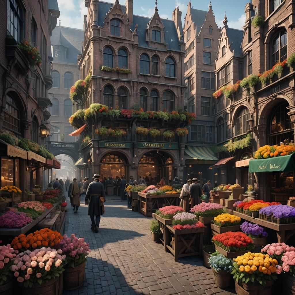 Utrecht Flower Market, 1900: Detailed Matte Painting