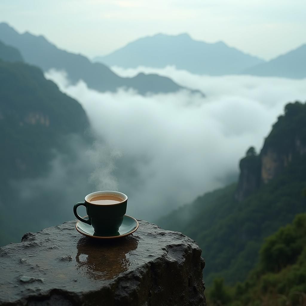 Ethereal Tea Cup Amidst Misty Mountain Landscape