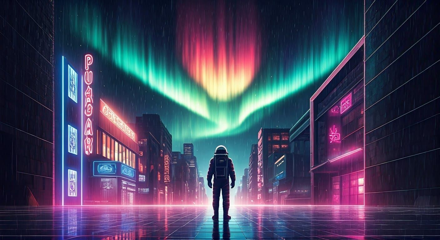 Astronaut in Neon City Under Aurora, Cyberpunk Style
