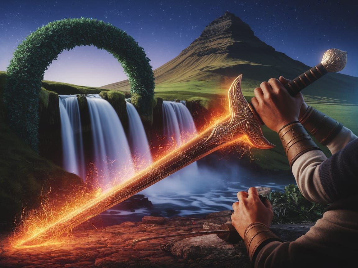 Epic Forge Scene with Blazing Sword and Majestic Mountain