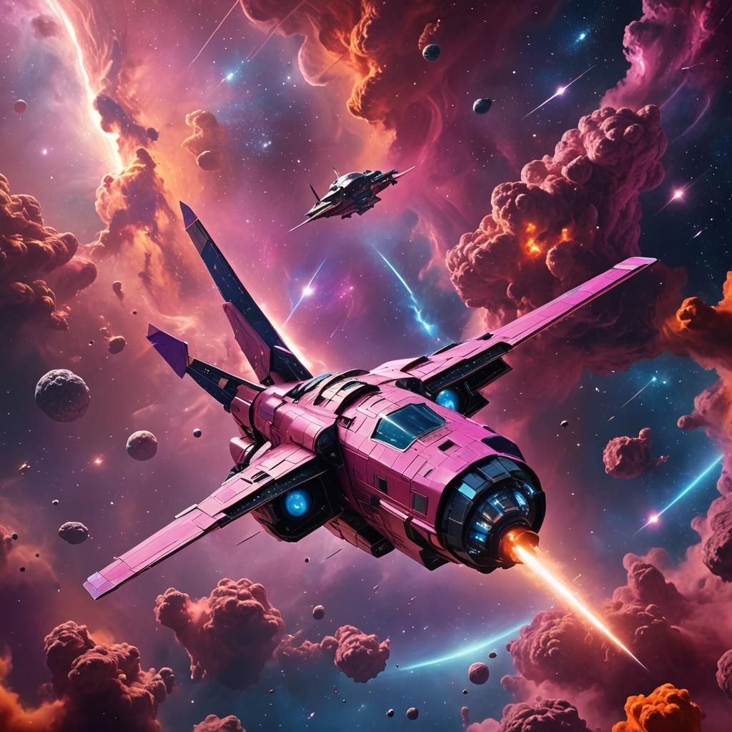 Pink Spacecraft Hovering Above Nebula in Fantasy Art