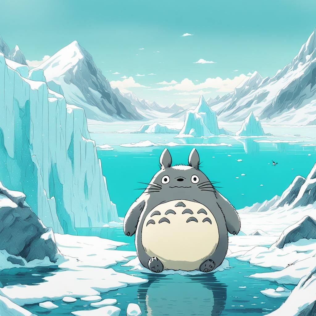 Totoro and Bear on Glacier in Manga Style