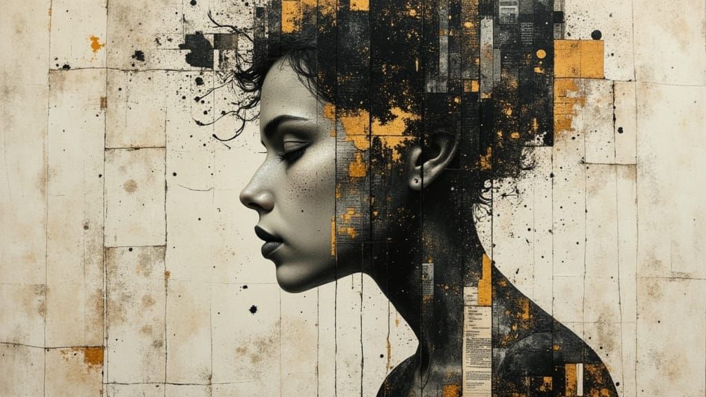 Split Portrait: Impressionistic Painting and Newspaper Colla...