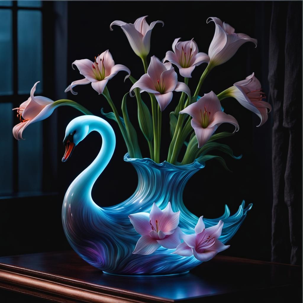 Bioluminescent Lilies in Swan Vase, Hyperrealistic Photo