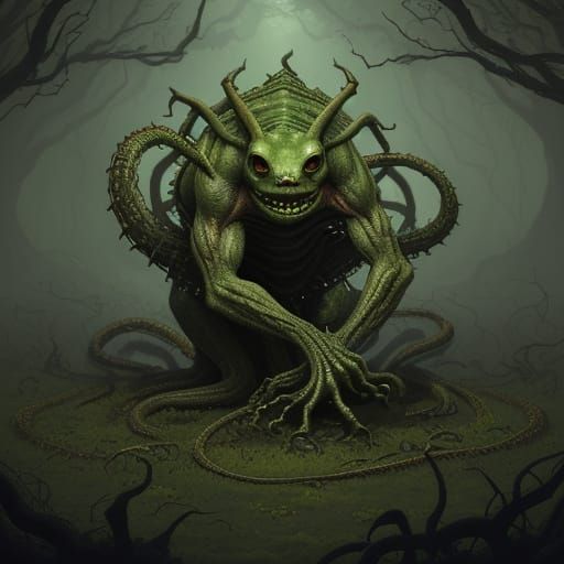 Twisted, Pale Green Creature Bound by Thorny Vines