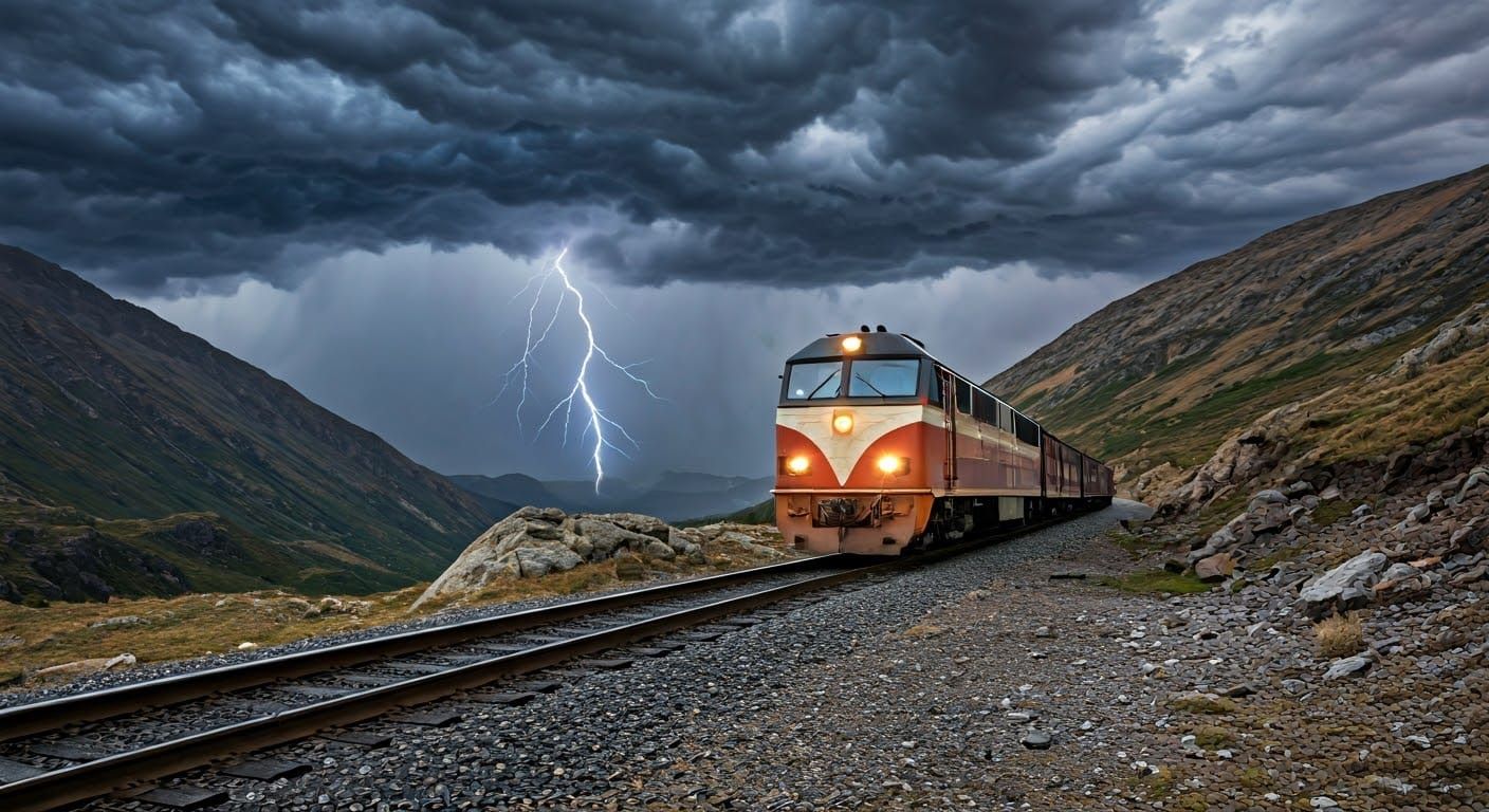 Stormy Mountain Train in Dystopian Sci-Fi Style