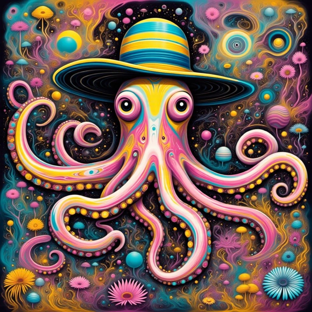 Vibrant Octopus Wears Triadic Hat in Dynamic Scene