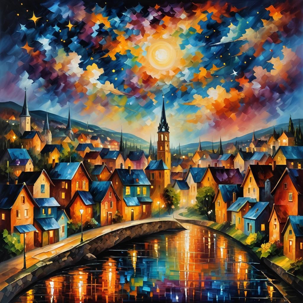 Whimsical Town Under Starry Zaffre Sky as Oil Painting