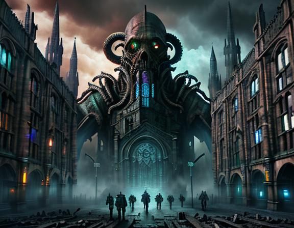 Dystopian Steampunk Cathedral Square with Cthulhu