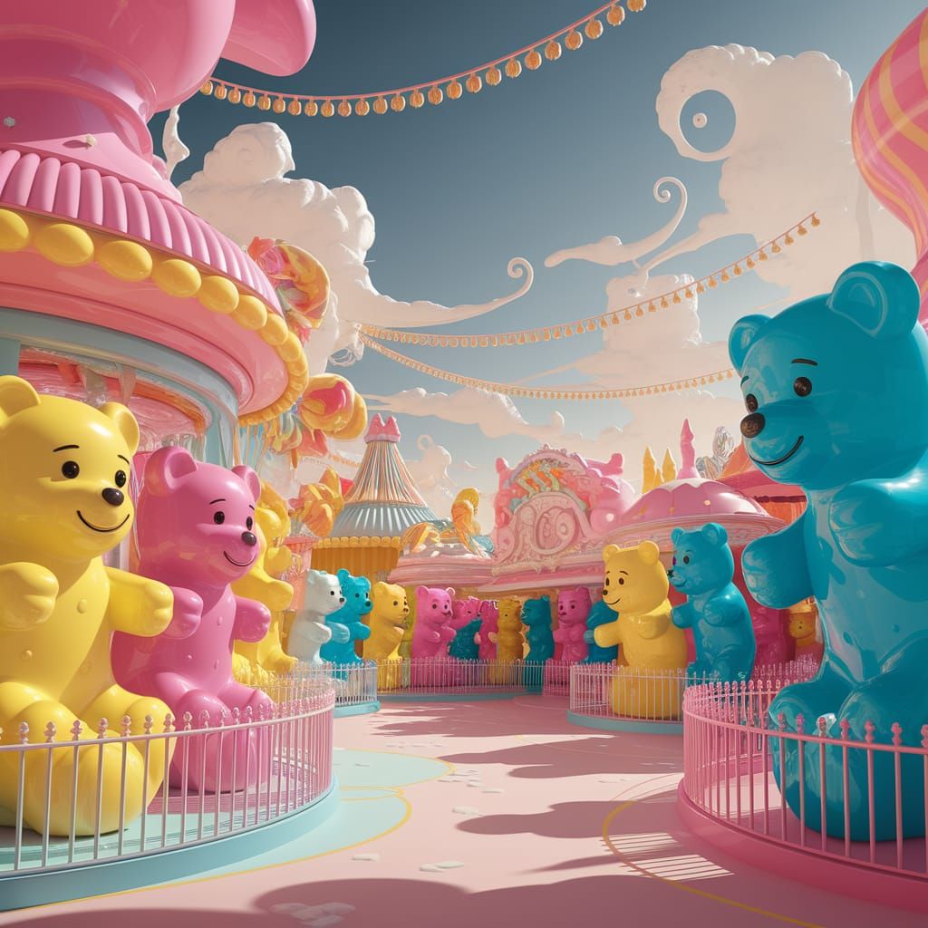 Gummy Bears in a Pastel Amusement Park