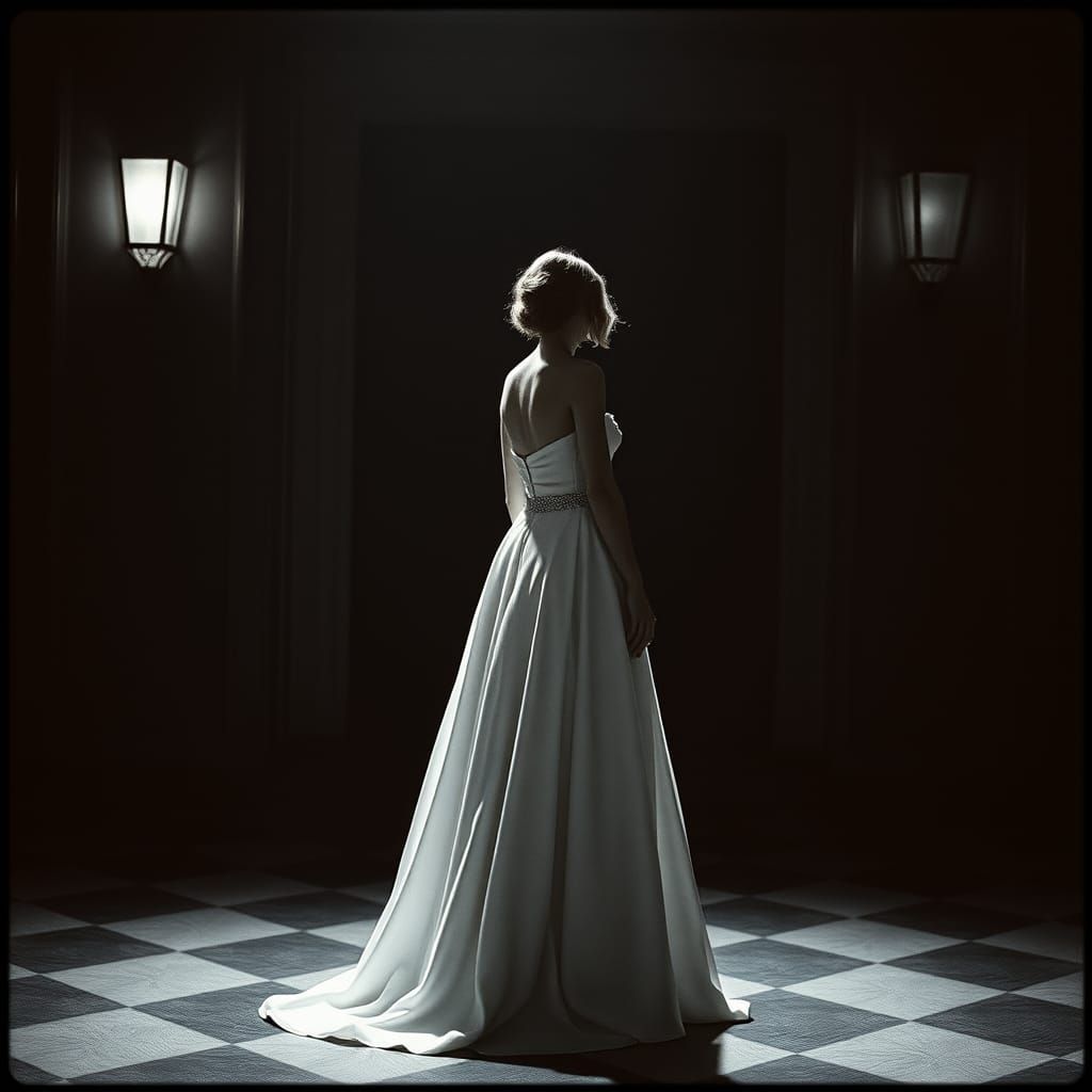 Ethereal Monochrome Prom Goddess in Cinematic Film Still