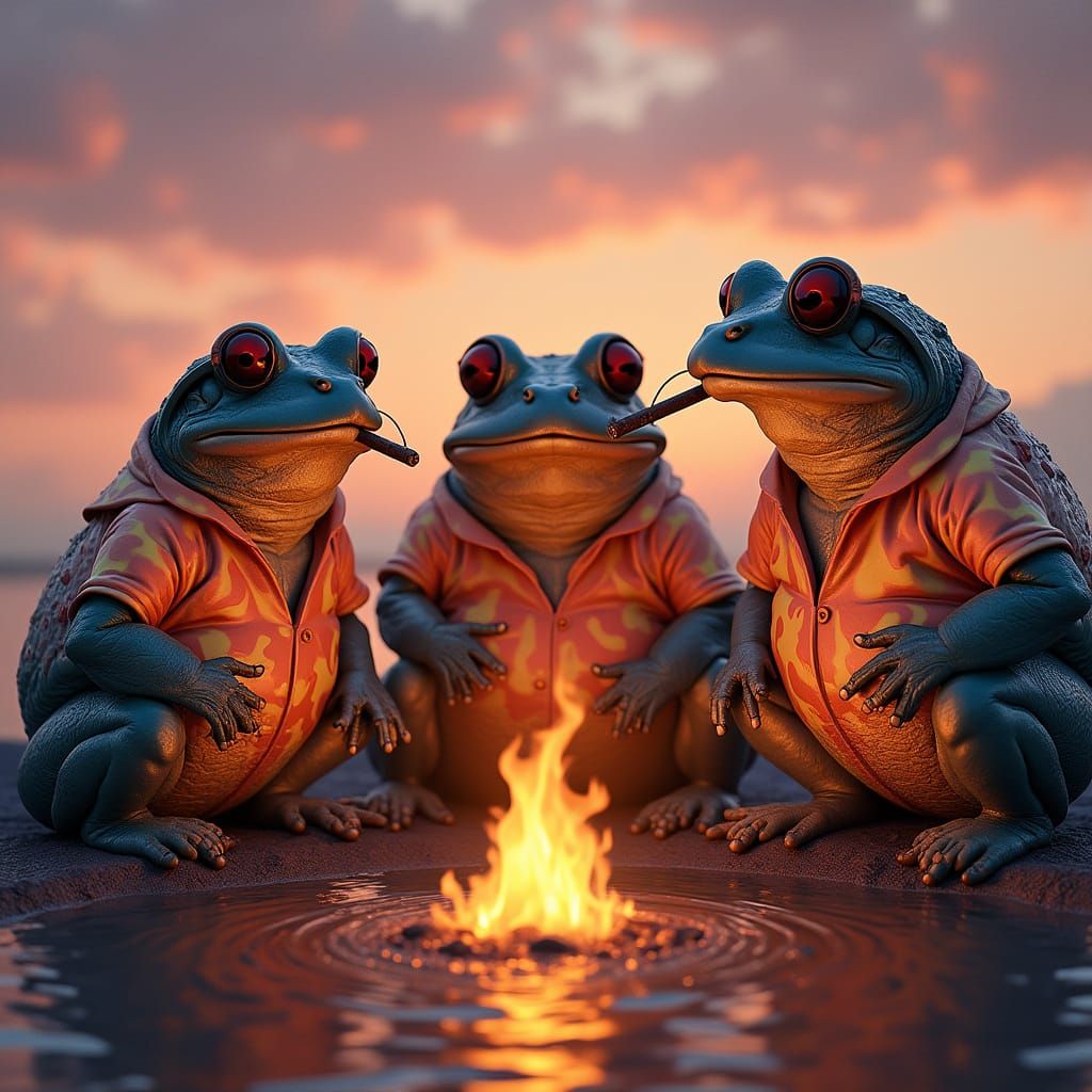 Frogs Enjoy Sunset by Fire, Smoking Cigars
