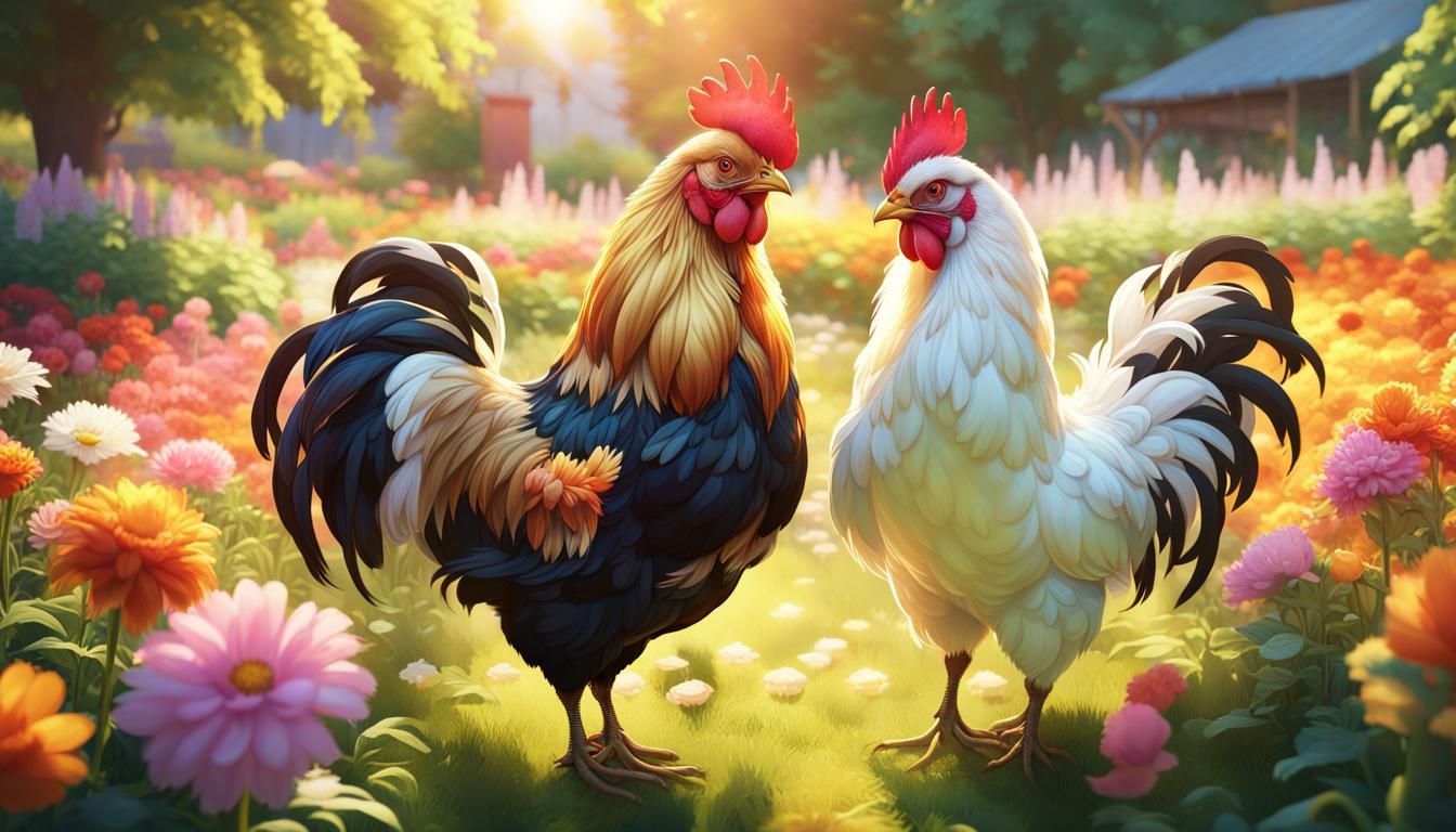 Cochin and Silkie Chickens in Sunny Garden