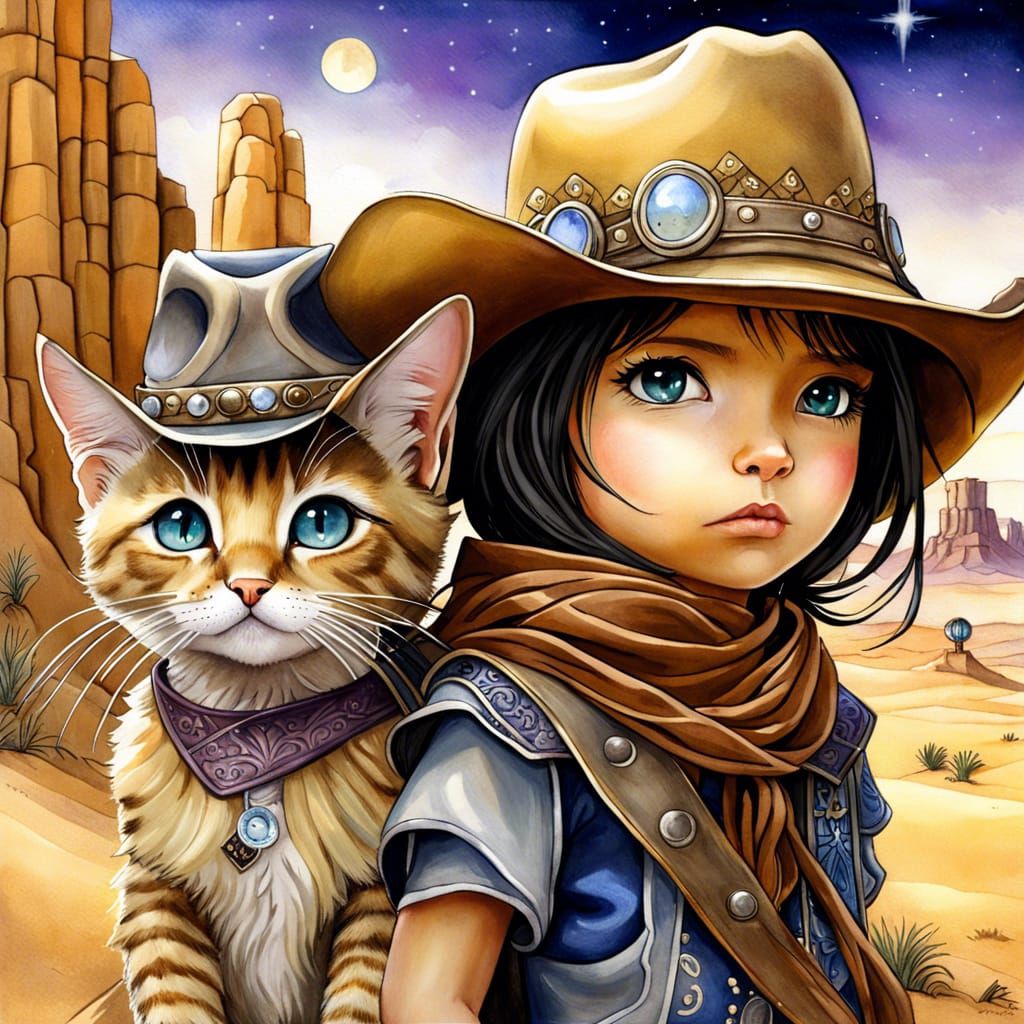 Cat Cowboys Scouting Desert, Digital Art Style