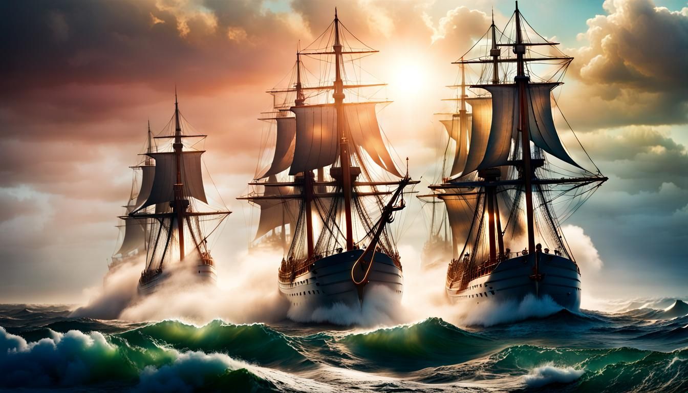 Sailing Ships Breaking Through Heavy Seas