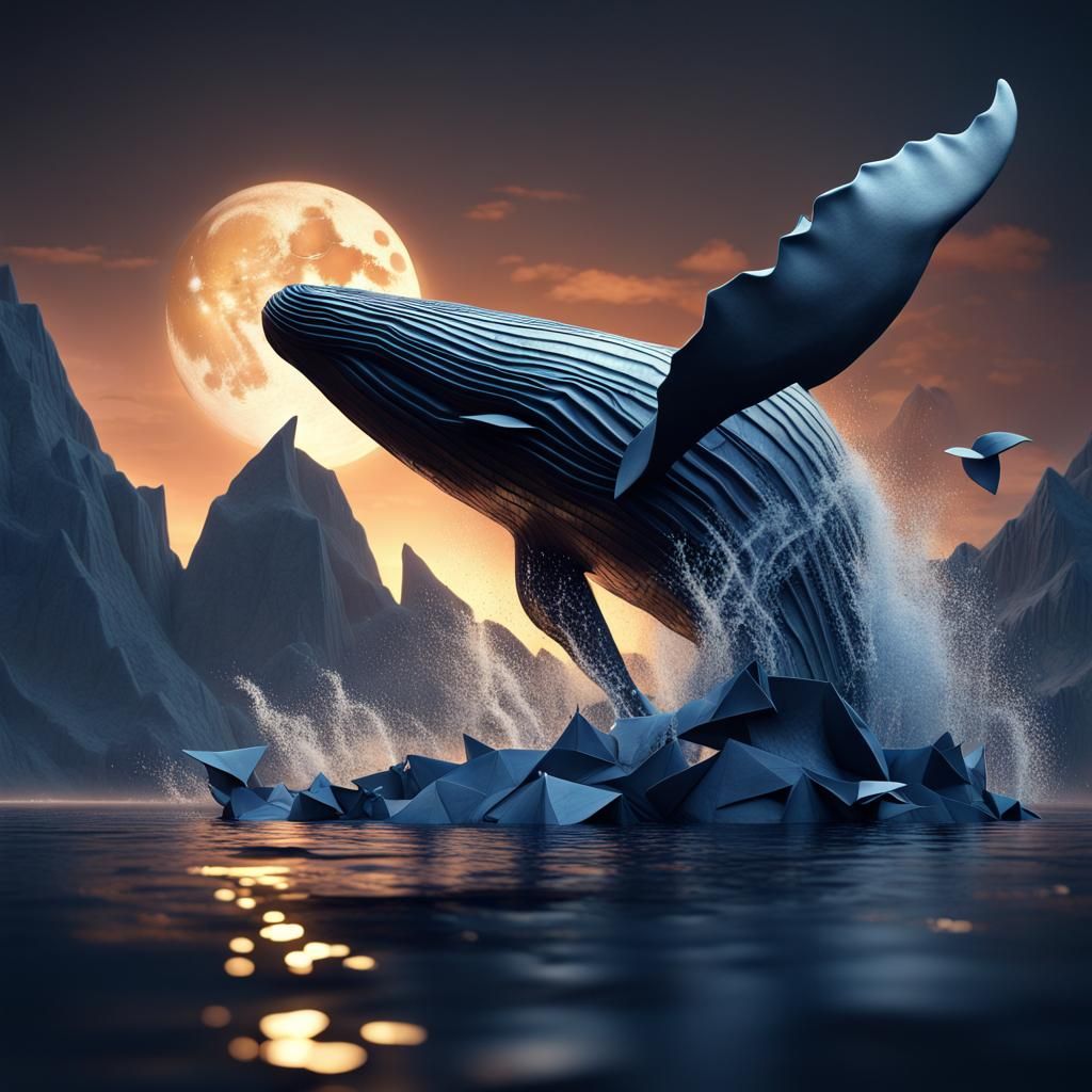 Whale Leaps from Water in Origami-Inspired Landscape